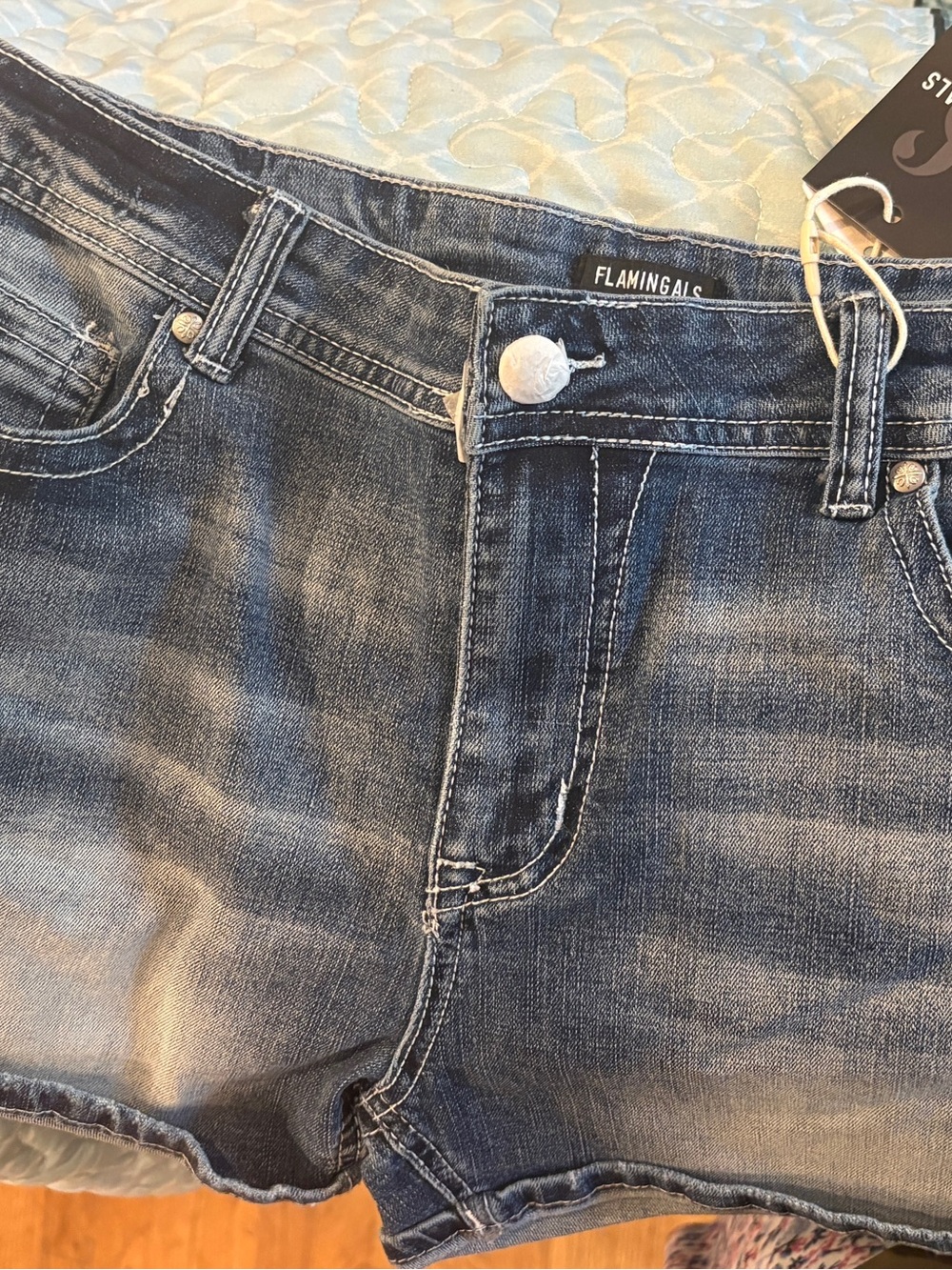 Women’s Distressed Dark Blue Denim Jean Shorts with Embroidered Back Pockets - Picture 2 of 14